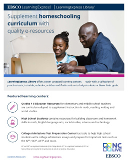 A father and daughter working together at a computer. Text describes home schooling resources from LearningExpress.