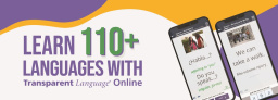 A purple, yellow, and white bookmark with two phones showing the Transparent Language app.