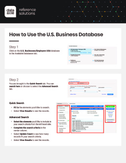 A gray flyer with information about how to use the U.S. Business database in Data Axle.