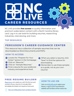 A blue and white flyer with three large gears at the top and information about career resources.