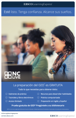 A line of people studying and information about LearningExpress in Spanish