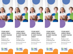 Five bookmarks with two kids holding stacks of books.