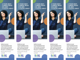 Five bookmarks with an adult with a laptop pointing to the text, "Your next read is just clicks away."