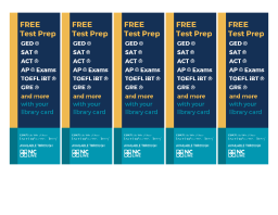 Five blue and yellow bookmarks with examples of tests available on LearningExpress.