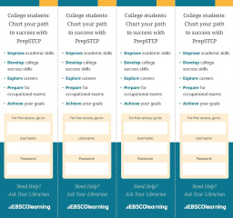 Four white, teal, and yellow bookmarks with login information for PrepSTEP.