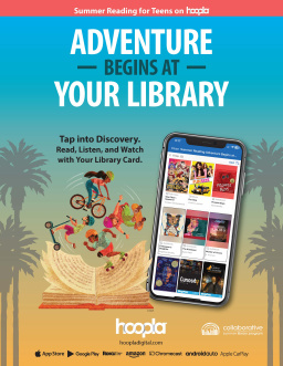 A book opening with cartoon teenagers jumping between the pages on bikes. To their right is a phone showing books on hoopla.