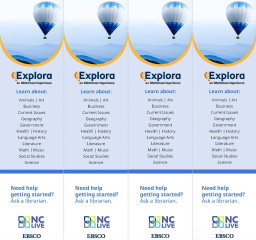 Four blue Explora bookmarks with hot air balloons at the top.