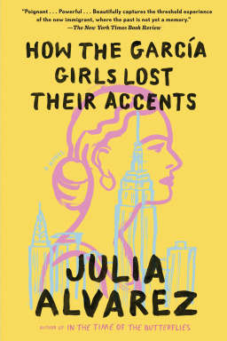 A yellow cover with line drawings of a woman's profile (in pink) over the New York City skyline (blue).