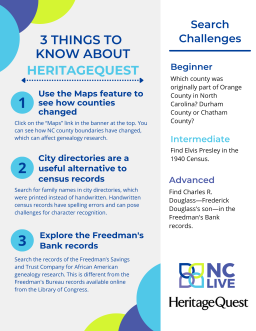 A gray and white infographic with tips for using HeritageQuest.
