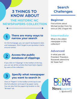 A gray and white infographic with tips for using the Historic NC Digital Newspapers collection.