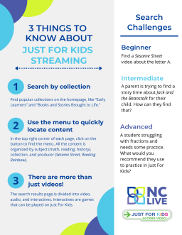 A gray and white infographic with tips for using Just for Kids Streaming.