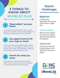 A gray and white infographic with tips for using NoveList Plus.