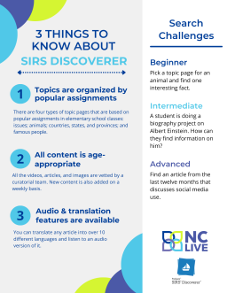 A gray and white infographic with tips for using SIRS Discoverer.