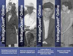Four vertical bookmarks with four different black-and-white photos of people. On the left side is a purple banner advertising HeritageQuest.
