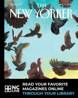 Art of pigeons flying off of a roof against a blue sky. The art is the cover of an edition of The New Yorker magazine.