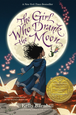 A cartoon girl in a billowing blue dress facing a full moon with the title of the book on it.