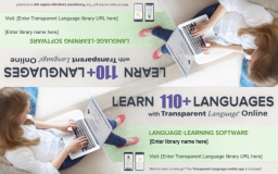 A person with long hair in a white shirt typing on a computer. On the right is text reading, "Learn 110+ languages."