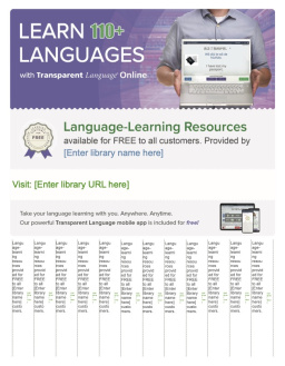 A torso of a man holding a laptop showing Transparent Language. Below are tear-away slips.