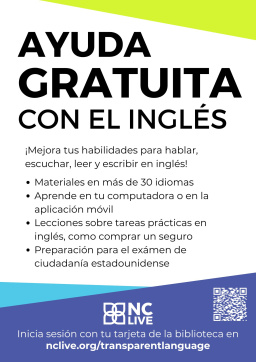 Green, blue, and purple triangles outline information about learning English through the library for free.