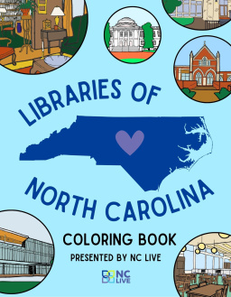 A blue silhouette of North Carolina with colorful bubbles around it showing libraries around the state.