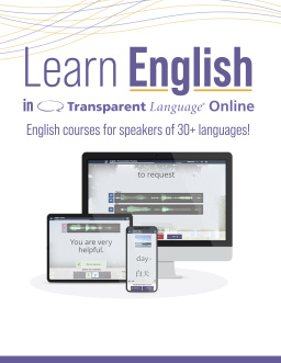 "Learn English" above a desktop, laptop, and phone screen showing Transparent Language.