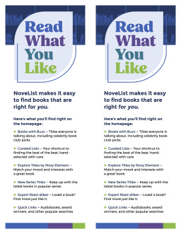 "Read What You Like" typed within a blue leaf shape. Below is text about NoveList Plus.