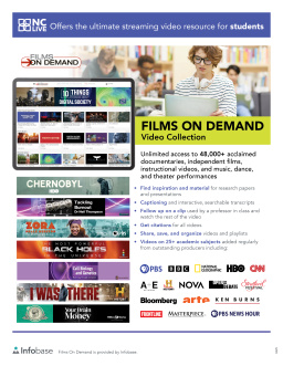 Students working in a library above information about Films on Demand.