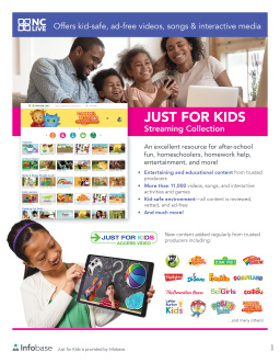 A family watching videos together on a computer alongside information about Just for Kids.