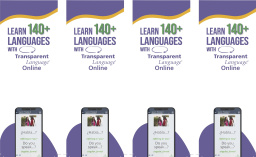 Four vertical rectangles with phones showing the Transparent Language app.
