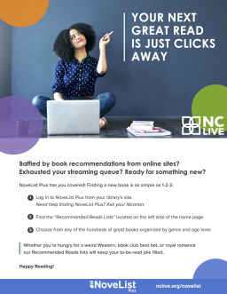 An adult with a laptop pointing to the text, "Your next read is just clicks away."