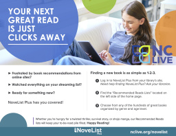 A teenager working on a computer alongside text with information about NoveList.