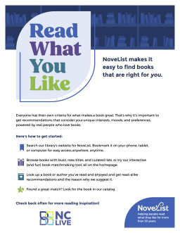 "Read What You Like" typed within a blue leaf shape. Below is text about NoveList Plus.