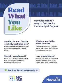 "Read What You Like" typed within a blue leaf shape. Below is text about NoveList Plus.