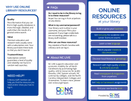 A trifold brochure in white, dark blue, and purple outlining the online resources available at NC libraries.