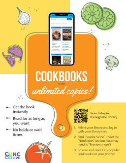 A cutting board with a phone near the top. The phone screen is showing ebook versions of cookbooks.