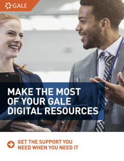 Two people talking behind a banner reading, "Make the most of your Gale digital resources."