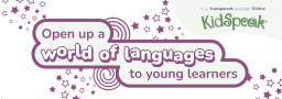 "Open up a world of languages" in a bubbly font surrounded by purple stars.